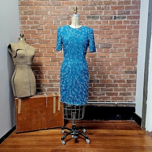 Vintage 90s Silky Nites Turquoise Silk Sequin Midi Dress