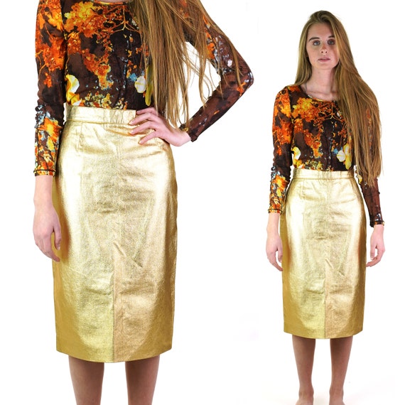 French Metallic Gold Leather Pencil Skirt Women's