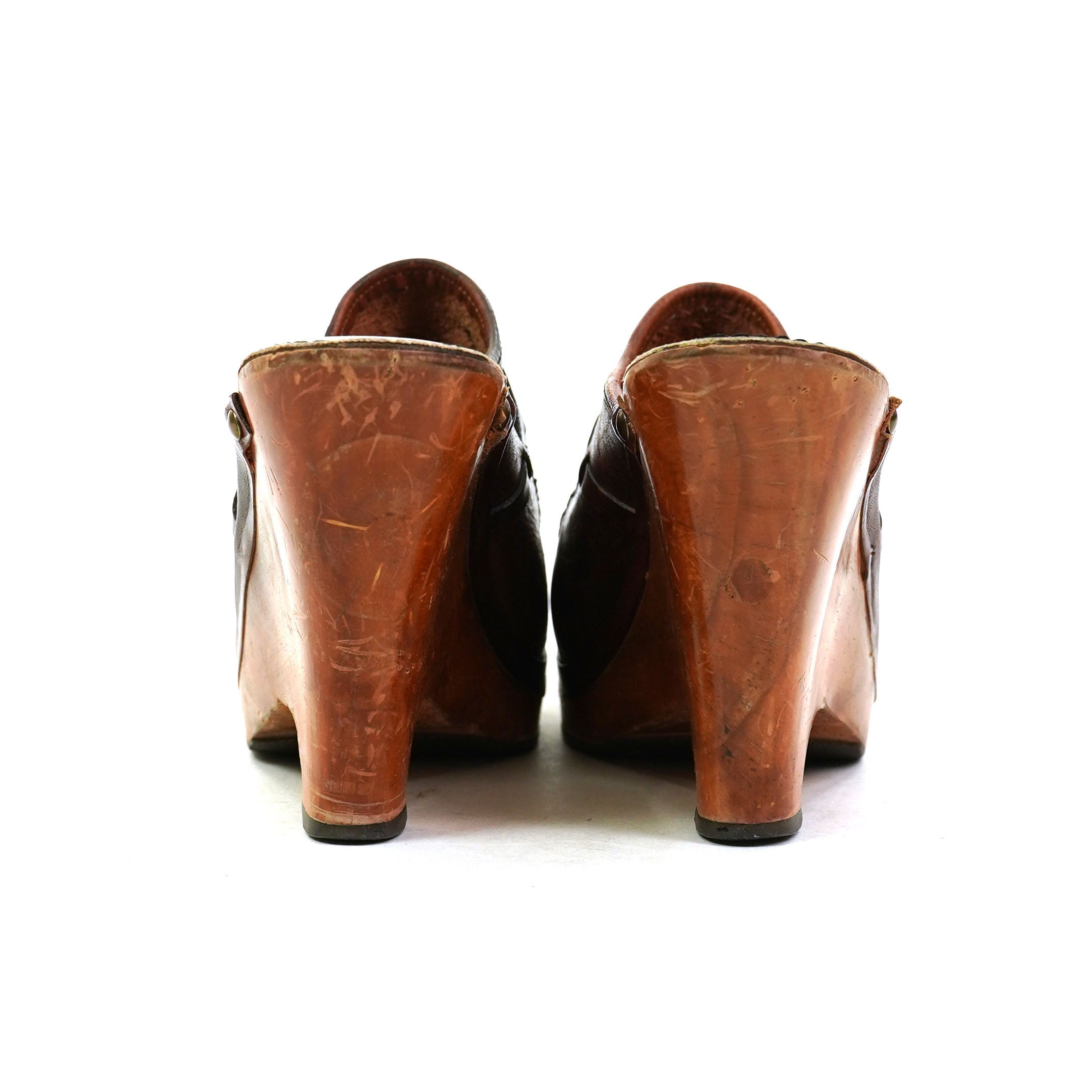 Wooden Platform Brown Leather Clogs Vintage 70s Women's | Etsy