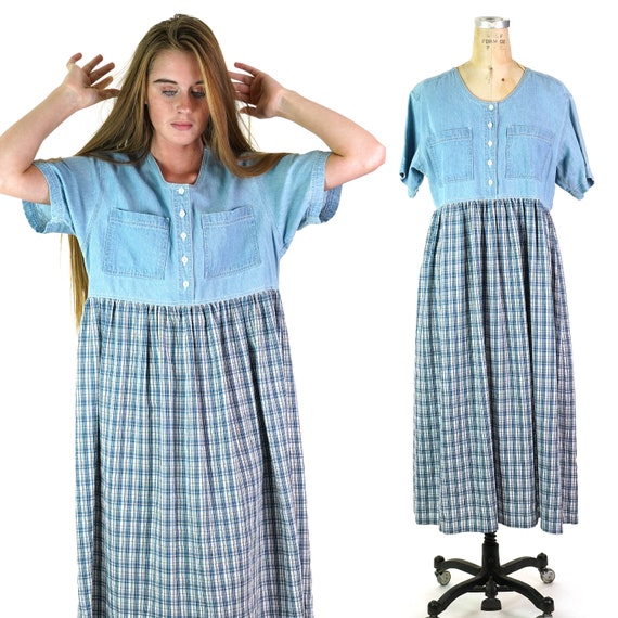 Denim & Plaid Cotton Midi Baby Doll Dress Vintage