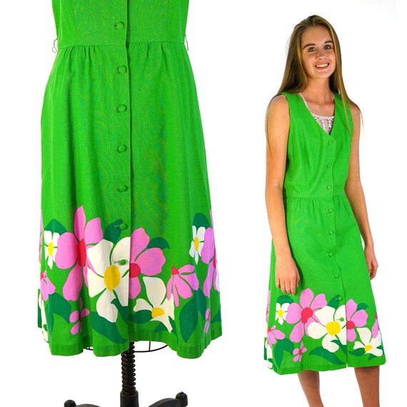 Green Cotton Button Down Sundress with Mod Floral