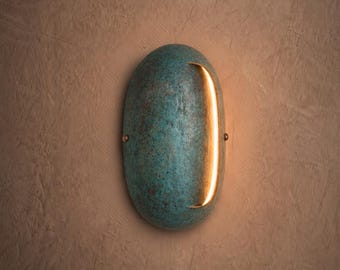 Kinkiet ścienny w kolorze miedzianym Verdigris, owalna lampa patynowa z ciepłym, pośrednim blaskiem