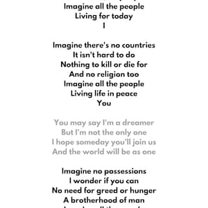 Printable Wall Art Music Lyrics - John Lennon Imagine
