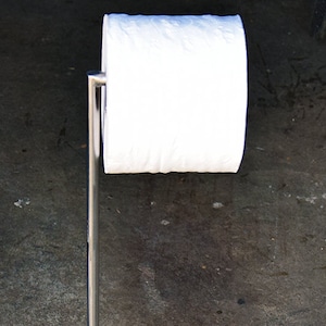 May include: A freestanding, stainless steel toilet paper holder. The holder has a rectangular base and a vertical support with a horizontal bar to hold a roll of white toilet paper.