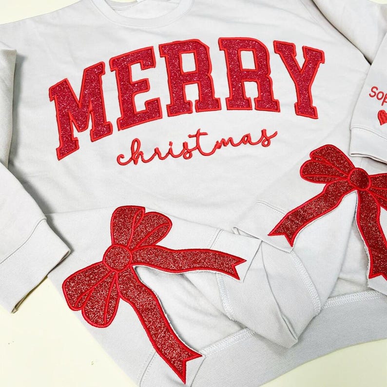Merry Side Bow Cut-Out Sweatshirt With Glitter, Plaid Christmas Pullover, Trendy Coquette Bow, Trending Side Bow Sweater, Merry Christmas ES image 5