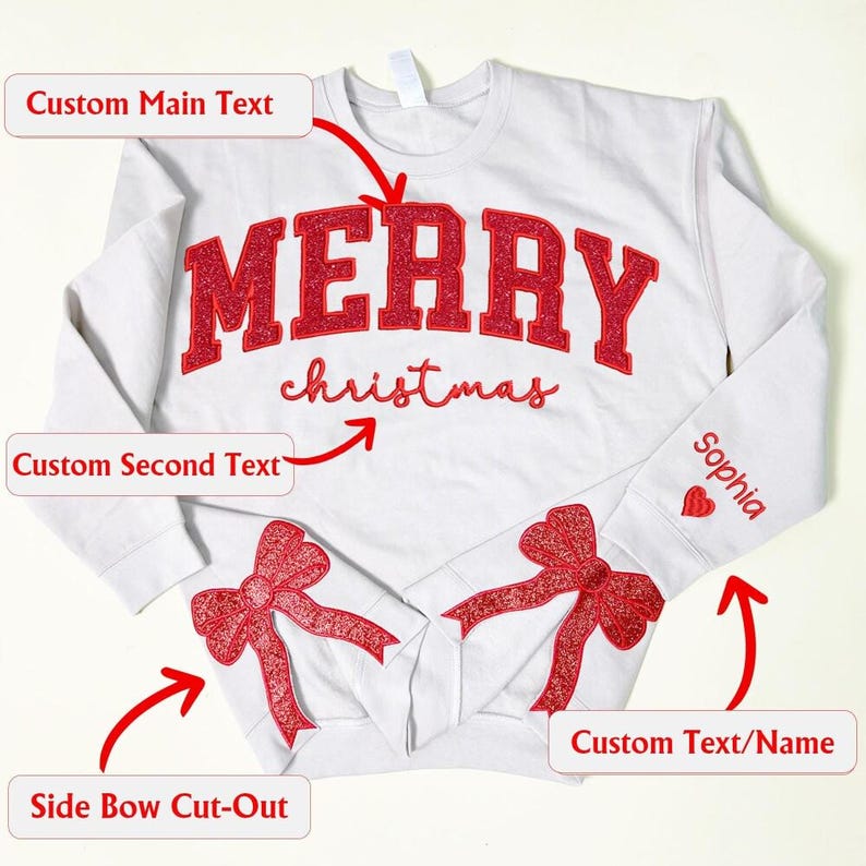 Merry Side Bow Cut-Out Sweatshirt With Glitter, Plaid Christmas Pullover, Trendy Coquette Bow, Trending Side Bow Sweater, Merry Christmas ES image 1