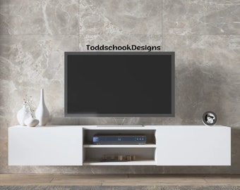 Modern TV Table: White Floating TV Stand Up to TVs Wall Mount