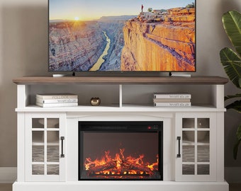 With an electric fireplace, a TV multimedia entertainment center console that reaches shelves, and open storage drawers