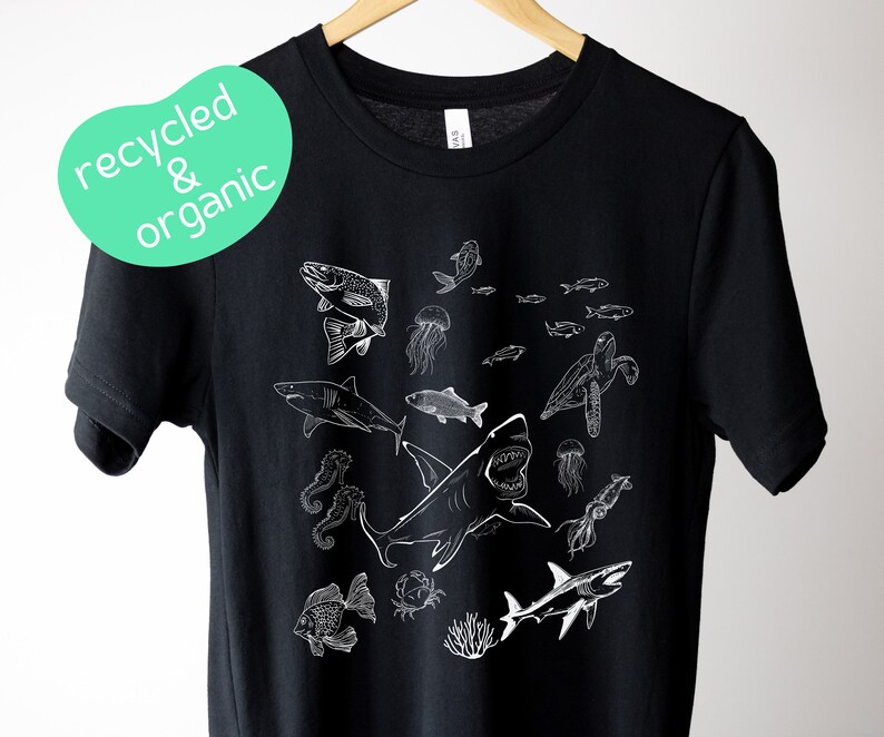 Shark Shirt, Recycled Organic TShirt, Vintage 90s Tattoo Sea Animal, Graphic Tee, Sealife, Ocean, Whale, Shark, Turtle, Earth Day Shirt Solid Black Blend