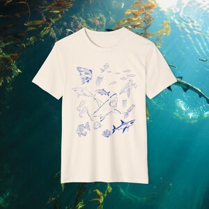 Shark Shirt, Recycled Organic TShirt, Vintage 90s Tattoo Sea Animal, Graphic Tee, Sealife, Ocean, Whale, Shark, Turtle, Earth Day Shirt Heather Natural