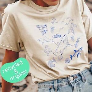 Shark Shirt, Recycled Organic TShirt, Vintage 90s Tattoo Sea Animal, Graphic Tee, Sealife, Ocean, Whale, Shark, Turtle, Earth Day Shirt image 1