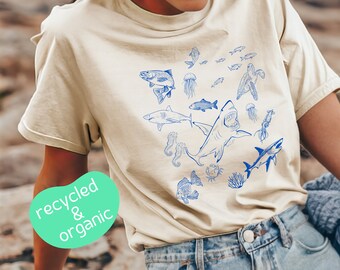 Shark Shirt, Recycled Organic TShirt, Vintage 90s Tattoo Sea Animal, Graphic Tee, Sealife, Ocean, Whale, Shark, Turtle, Earth Day Shirt