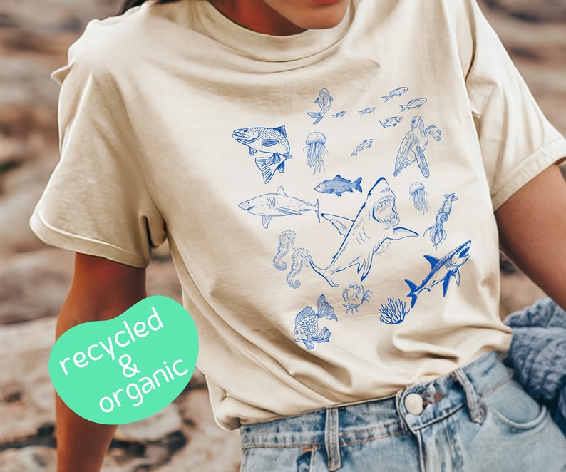 Shark Shirt, Recycled Organic TShirt, Vintage 90s Tattoo Sea Animal, Graphic Tee, Sealife, Ocean, Whale, Shark, Turtle, Earth Day Shirt image 1