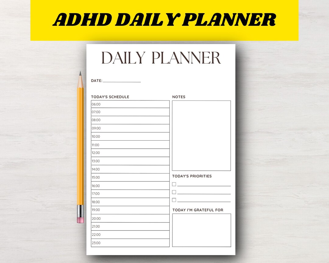 ADHD Daily Planner Printable Hourly Schedule Priorities Gratitude Notes ...