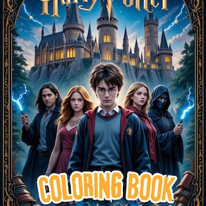 Puede incluir: Una portada de libro para colorear con una ilustración del castillo de Hogwarts, Harry Potter y otros personajes de la serie Harry Potter. La portada está decorada con un marco dorado y un libro con un brillo mágico.