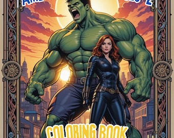 May include: A coloring book cover featuring a green Hulk and a black-clad Black Widow standing in front of a cityscape. The title "AMERICAN SUPERHEROES 2 COLORING BOOK" is displayed in yellow letters.