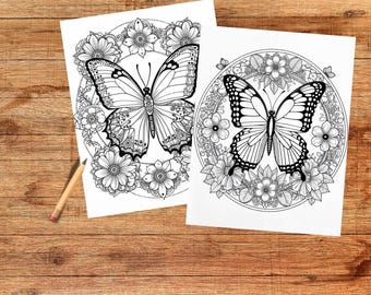 Set of 4 -Butterfly Garden- Printable Coloring Pages for Adults (Coloring Book Pages for Adults and Kids, Coloring Sheets, Coloring Designs)