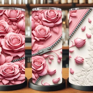 3D pink roses with zipper tumbler wrap,3D pink roses tumbler wrap png, pink tumbler wrap png, sublimation png, 20 oz straight skinny tumbler