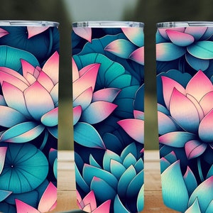 Colorful lotus flowers in neon flip top cup Tumbler wrap ,20 oz straight Tumbler sublimation PNG , Lotus tumbler design PNG.