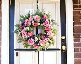 Corona de primavera rosa rosa / corona de verano rosa / corona de flores rosas / corona de jardín rosa / corona de puerta principal / decoración de jardín / decoración de puerta principal