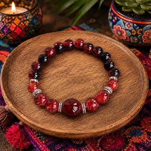 Crimson Depth BRACELET – CUSTOM Stretch Handmade Deep Red Glass & Lapis Beads w/ Silver Accents|Unisex Mens Women|Bold Energy|Boho Chic 6.65