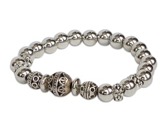 Sterling Filigree BRACELET–CUSTOM 6.75" Stretch Handmade Silver Beads w/ Filigree Hollow Statement Accents|Unisex|Elegant Stackable Jewelry