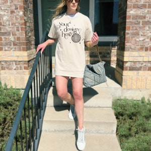 GILDAN5000 T-Shirt Mockup - Color: SAND - FRONT - Outdoor Trendy Influencer Mockup