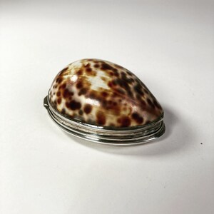 May include: A decorative, oval-shaped trinket box. The lid is made from a polished seashell with a brown and cream spotted pattern. The base and rim are made of silver-colored metal. The box is closed.