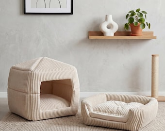 Cama para mascotas 2 en 1 | Cama para gatos | Cama para perros | Convertible | Fabricada en Austria | Aspecto de pana | Casa para gatos | Cueva para gatos | Cojín para gatos | Nido