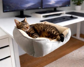 Lit de bureau pour chat | Lit pour chat à poser sur un bureau | Fabriqué à la main en Allemagne | Durable | Pliable | Stable | Fixable | Table | Rebord de fenêtre