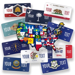 US State Flag License Plate: Custom Vintage, Minimalist Style Aluminum Car, Bike, Moto Plate