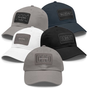 May include: Five different baseball caps with embroidered patches. The patches have different titles, including "Papa", "Grandpa", "Uncle", "Daddy", and "Dad". Each patch also includes a name or names.