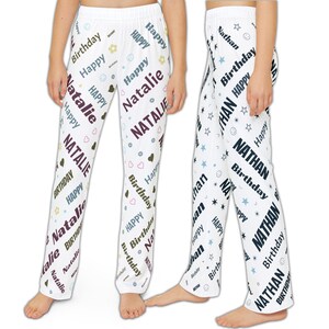 May include: Two pairs of white pajama pants with a colorful print featuring the words "Happy Birthday" and a name. One pair says "Natalie" and the other says "Nathan".