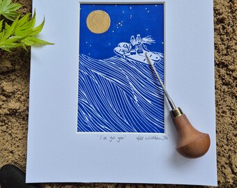original handmade print, lino cut print, home décor, paddleboard wall art, wild swimming print, friendship gift, sunset print, ocean print