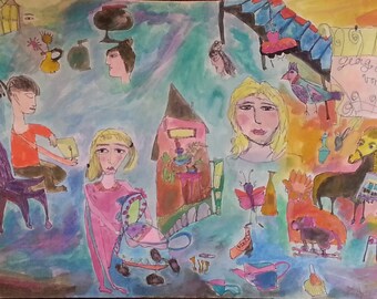 May include: A watercolor painting of a whimsical scene with a variety of characters and objects. There are people, animals, a house, a butterfly, and a sign that says "George School 1910". The painting is done in a colorful style with a lot of detail.