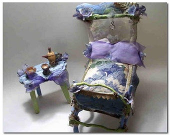 Charming little handmade fairy furniture "Summer in Greece" beautiful bed and table, driftwood, branches, moss, pods, mica, fabric & jewels