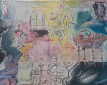 Beautiful, fanciful original painting, "The Castle", pen and ink and acrylic on 16" x 20" canvas, pretty chandelier, costumes, sculptures