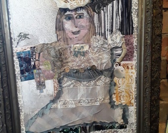 Unique, charming Folk Art, Shabby Chic style painting/collage with antique lace, buttons, photos and other objects, in antique carved frame