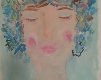 Original acrylic painting on art paper, "Flower Princess", beautiful colors, ethereal, pretty