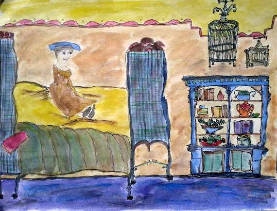Adorable original painting, "Doll's Room", pen and ink and acrylic on archival art paper, 8 1/2" x 11", ready to frame, charming artwork