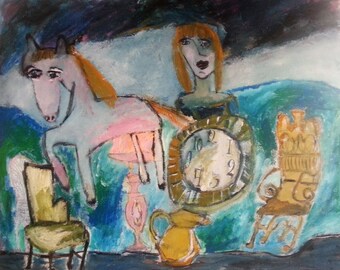 New painting, "Wild Horses", acrylic, 16"x 20" canvas, little girl dreams of leaving her home to find wild horses, whimsical, naive style