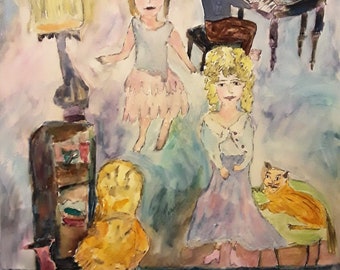 Adorable painting of children, "Happy Afternoon", children and grandmother and her cat dancing, pen and ink, acrylic, watercolor on canvas