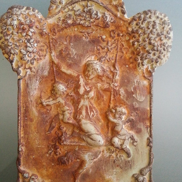 Lovely antique Greecian plaster base relief plaque, woman on swing with cherubs, 6" tall, 4" wide