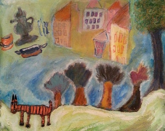 Original painting, "Italy", pen and ink, oil pastel, acrylic on canvas paper