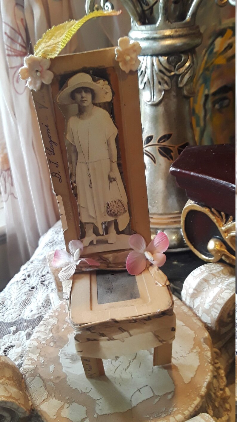 Adorable fairy chair, handmade with antique photograph of a little Victorian girl, unique found objects and silk flowers, charming, pretty image 1