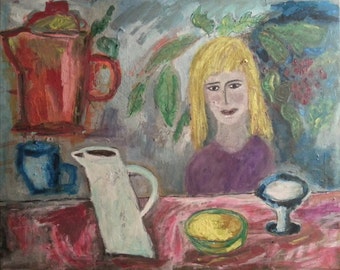 Original painting, "Teatime", acrylic on canvas, self taught artist, colorful