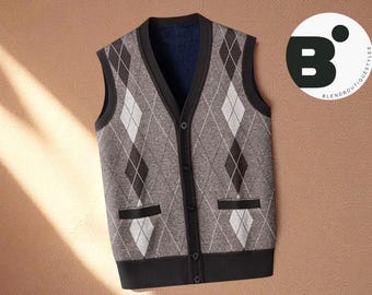 Men&#39;s Sleeveless Knit Vest | V-Neck Button Down Cardigan | Argyle Sweater Pullover with Pocket | Lightweight Layered Retro Style