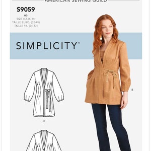 May include: A sewing pattern for a long, brown jacket with a tie belt. The pattern is from Simplicity and is for sizes US 6-14, Euro 32-40, and French 34-42. The pattern number is S9059.