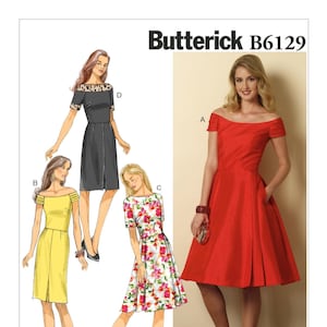 Uncut Sewing Pattern for Womens Off-the-Shoulder or Yoke Dresses, Butterick Pattern 6129 size 6-8-10-12-14 14-22