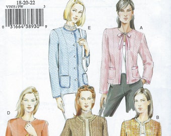 Patrón de costura Vogue sin cortes 970 7975 Chaqueta clásica de mujer de alta costura sin cuello Chaqueta de bouclé de lana Costuras princesa talla 12-14-16 18-20-22 FF